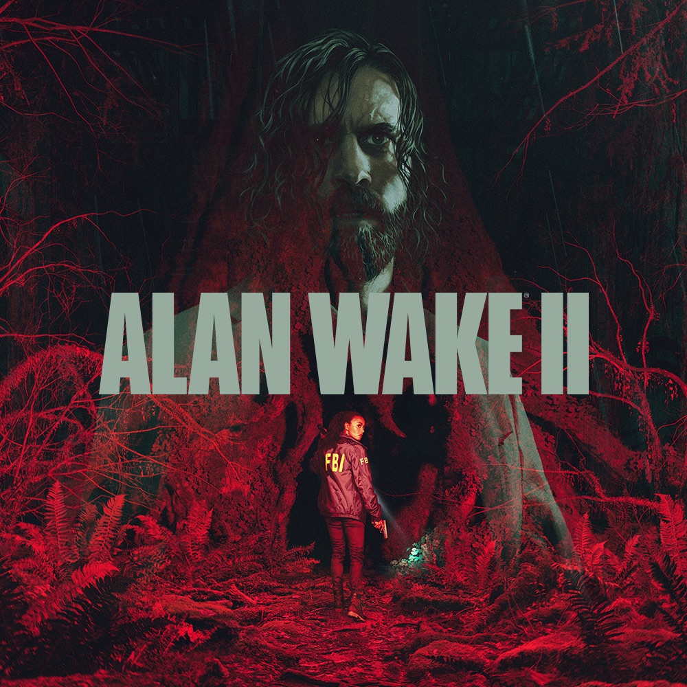 Alan Wake II cover art — the writer Alan Wake looms over FBI agent Saga Anderson in a red-lit forest.